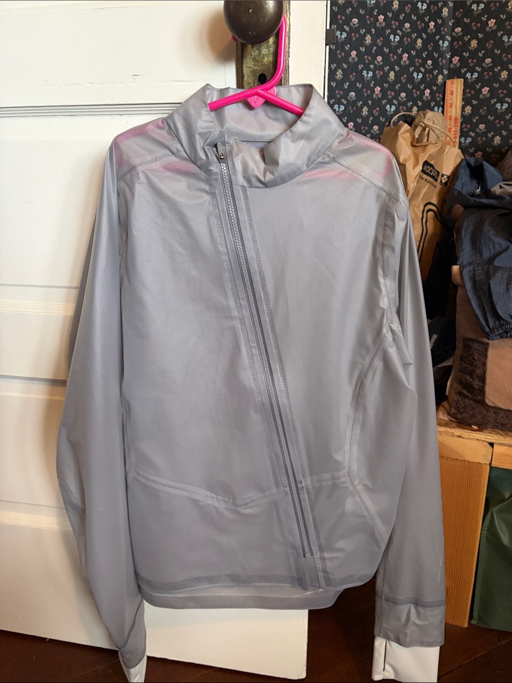 Hoka One One Light Gray Asymmetric Zip Utility Jacket with White Cuffs